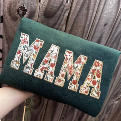 Custom Floral MAMA Embroidered Sweatshirt With Kids Name On Sleeve For Christmas Gift