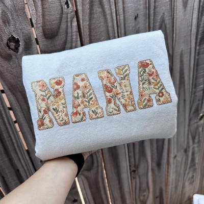 Custom Floral NANA Embroidered Sweatshirt With Kids Name On Sleeve For Mum Grandma Gift