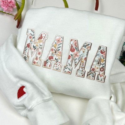 Custom Floral MAMA Embroidered Sweatshirt With Kids Name On Sleeve For Mom Grandma Christmas Gift