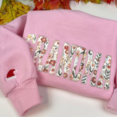 Custom Floral Grandma Embroidered Sweatshirt With Grandchildren Name On Sleeve For Christmas Gift