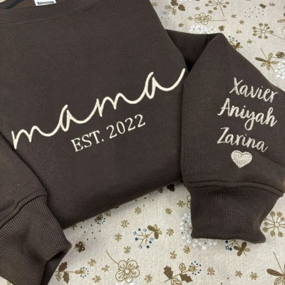 Custom Embroidered MAMA Sweatshirt With Kids Name On Sleeve For Mom Grandma Christmas Gift