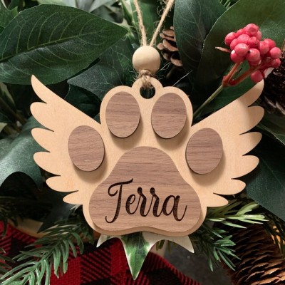 Personalized Wood Pet Paw Memorial Ornament with Wings Name Engraved