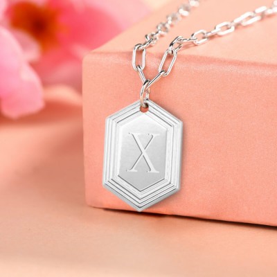 Silver Personalised Engraved Initial Pendant Link Chain Necklace Layering Charms Gift For Her