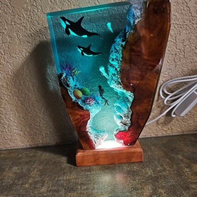 Ocean Creatures Whale Resin Wood Lamp Housewarming Christmas gifts 