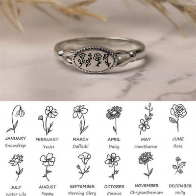 Personalised Family Birth Flower Month Ring Gift For Her