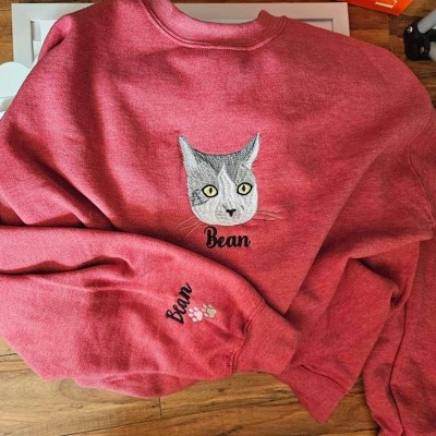 Custom Embroidered Cat Face Sweatshirt With Name For Pet Lover Gifts