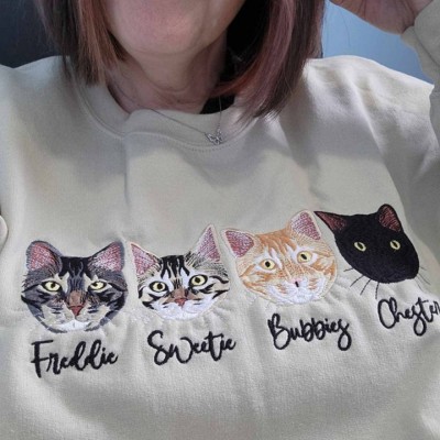 Custom Embroidered Cat Face Sweatshirt With Name For Pet Lover Gifts