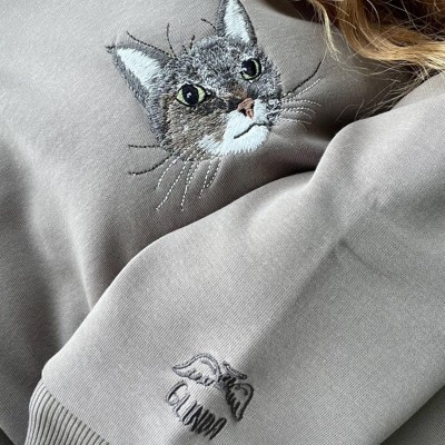 Custom Embroidered Cat Face Sweatshirt With Name For Pet Lover Gifts