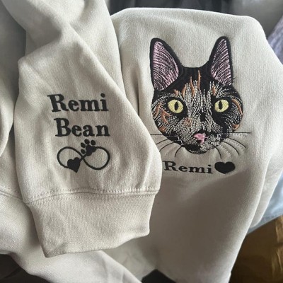 Custom Embroidered Cat Face Sweatshirt With Name For Pet Lover Gifts
