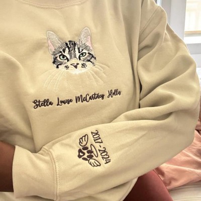 Custom Embroidered Cat Face Sweatshirt With Name For Pet Lover Gifts