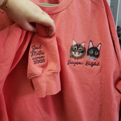 Custom Embroidered Cat Face Sweatshirt With Name For Pet Lover Gifts