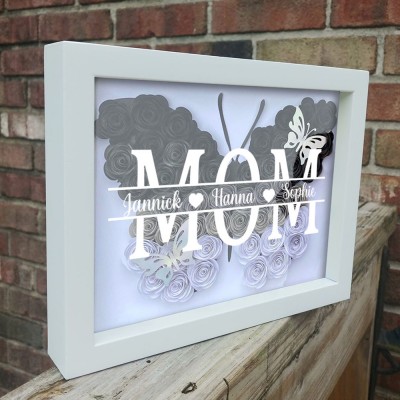 Custom Butterfly Mom Flower Shadow Box With Kids Name For Mother's Day Gift Ideas