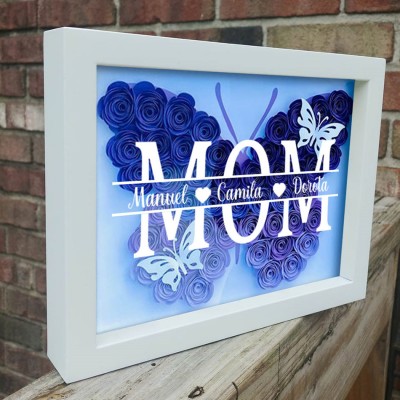 Custom Butterfly Mom Flower Shadow Box With Kids Name For Mother's Day Gift Ideas