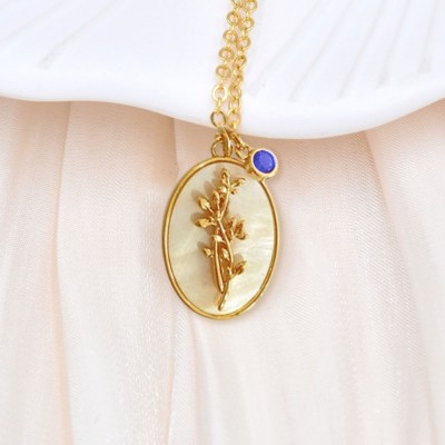Personalized Dainty Birth Month Flower Mother Shell Gold Necklace With Birthstone For Mom