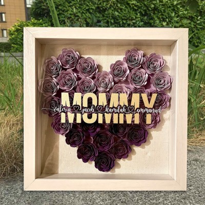 Personalized Mom Heart Flower Shadow Box With Kids Name For Mother's Day Birthday