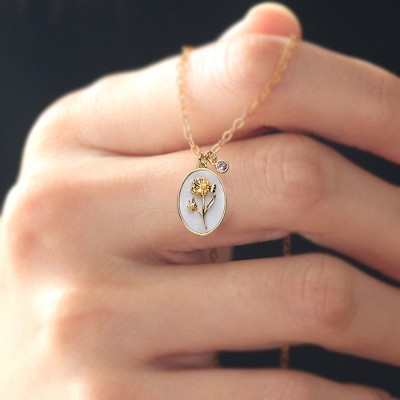 Personalized Dainty Birth Month Flower Mother Shell Gold Necklace With Birthstone For Mom