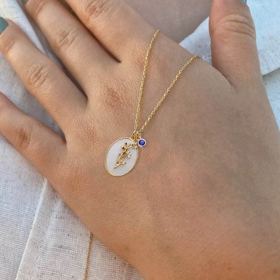 Personalized Dainty Birth Month Flower Mother Shell Gold Necklace With Birthstone For Mom