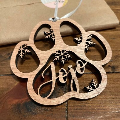 Personalized Wood Pet Paw Christmas Ornament with Name Engraved