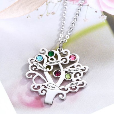 Personalized Tree-Design Family Necklace With 1-6 Names And Birthstones