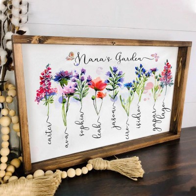 Personalised Nana's Garden Birth Month Flower Frame With Grandkids Name For Christmas Day Gift Ideas