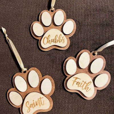 Personalized Wood Pet Paw Christmas Ornament with Name Engraved