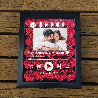 Personalized Spotify Flower Shadow Box With Couple Photo For Wedding Anniversary Valentine's Day