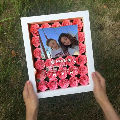 Personalized Spotify Flower Shadow Box With Couple Photo For Wedding Anniversary Valentine's Day