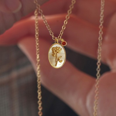 Personalized Dainty Birth Month Flower Mother Shell Gold Necklace With Birthstone For Mom