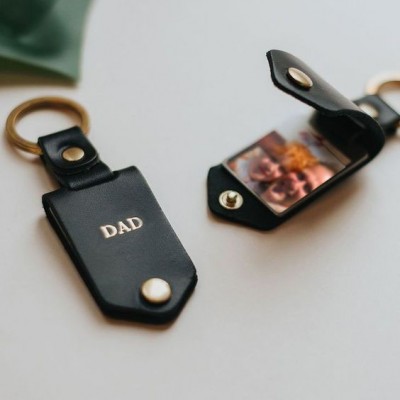 Personalized Black Leather Photo Keychain Key Ring Gifts For Dad Father's Day