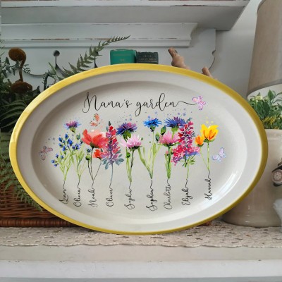 Personalized Nana's Garden Birth Month Flower Platter With Grandchildren Name For Christmas Gift