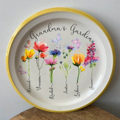 Personalized Grandma's Garden Birth Flower Platter With Grandchildren Name For Christmas Gift
