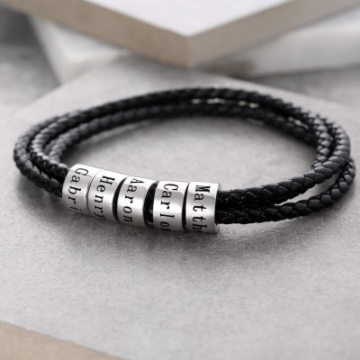 Personalised 1-10 Beads Engraving Name Black Leather Bracelet Gifts for Him
