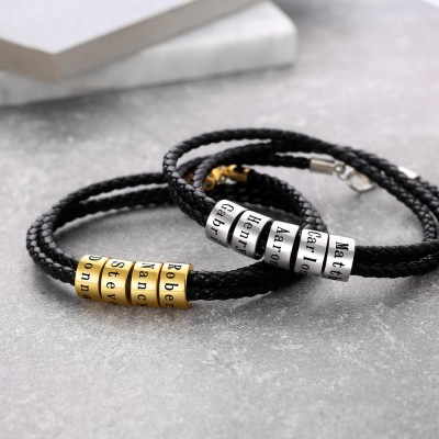 Personalized 1-10 Beads Engraving Name Black Leather Bracelet Gifts for Him