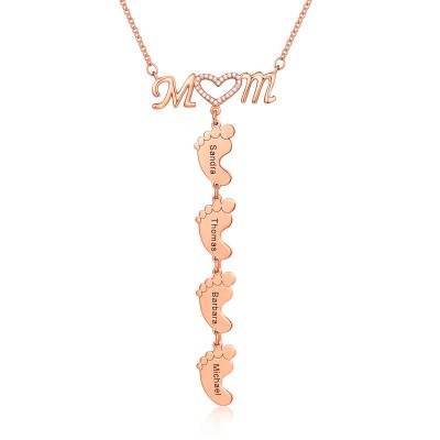 18K Rose Gold Plating Personalized MoM Heart 1-8 Baby Feet Charms Engraved Name Necklace