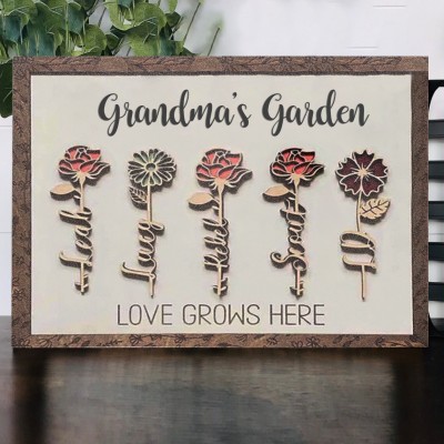 Custom Grandma's Garden Birth Month Flower Frame With Grandkids Names For Christmas Day Gift