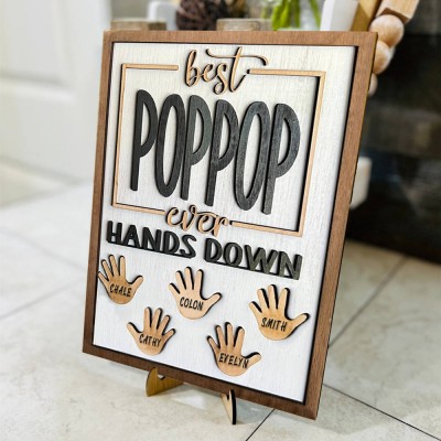 Personalized Best Pop Pop Ever Hands Down Framed Sign With Grandkids Name For Father's Day Gift Ideas