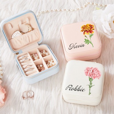 Personalized Birth Flower Jewelry Travel Box Bridesmaid Gift Case With Name