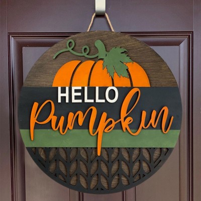 Hello Fall Pumpkin Door Hanger Farmhouse Entry Way Wall Home Decor Welcome Sign