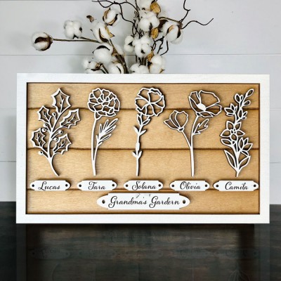 Custom Grandma's Garden Birth Month Flower Frame With Grandkids Names For Christmas Day Gift Ideas