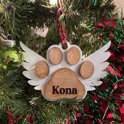 Personalized Wood Pet Paw Memorial Ornament with Wings Name Engraved