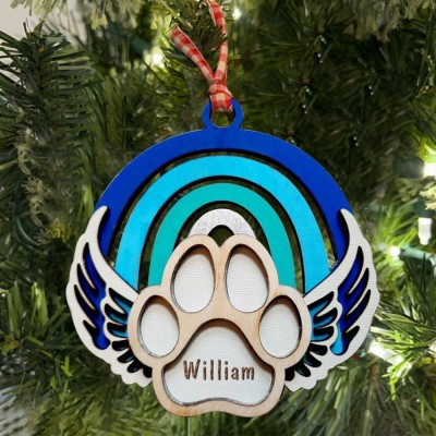 Personalized Wood Pet Paw Memorial Ornament Rainbow Bridge with Name Engraved