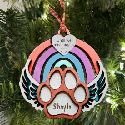 Personalized Wood Pet Paw Memorial Ornament Rainbow Bridge with Name Engraved