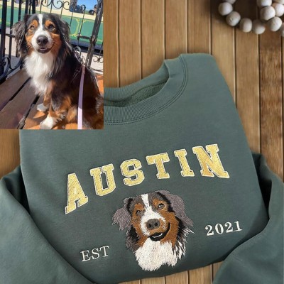 Custom Embroidered Dog Face Sweatshirt in Varsity Style With Name For Pet Lover Gifts