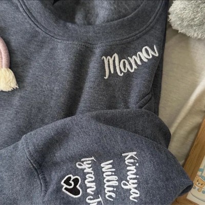 Custom Embroidered Mama Sweatshirt With Kids Name On Sleeve For Mom Grandma Christmas Gift