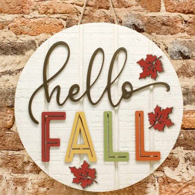 Hello Fall Door Hanger Farmhouse Entry Way Wall Home Decor Welcome Sign