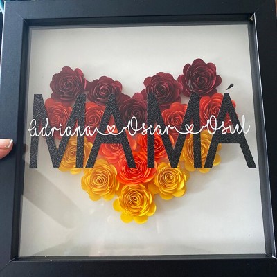 Personalized Mom Heart Flower Shadow Box With Kids Name For Mother's Day Birthday