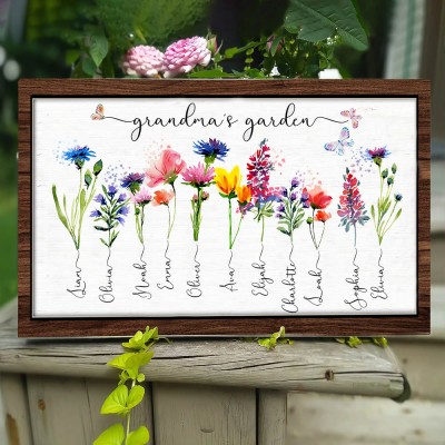 Personalised Grandma's Garden Sign With Grandkids Names and Birth Flower Unique Christmas Day Gift