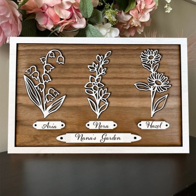 Custom Nana's Garden Birth Month Flower Frame With Grandkids Names For Christmas Day Gift Ideas