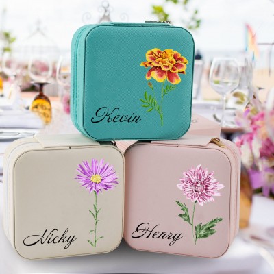 Personalized Birth Flower Jewelry Travel Box Bridesmaid Gift Case With Name