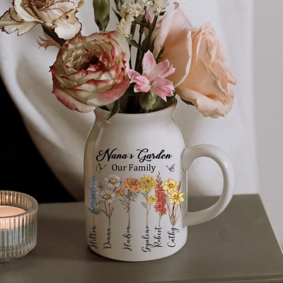 Custom Nana's Garden Birth Flower Vase With Grandkids Name For Mother's Day Gift Ideas